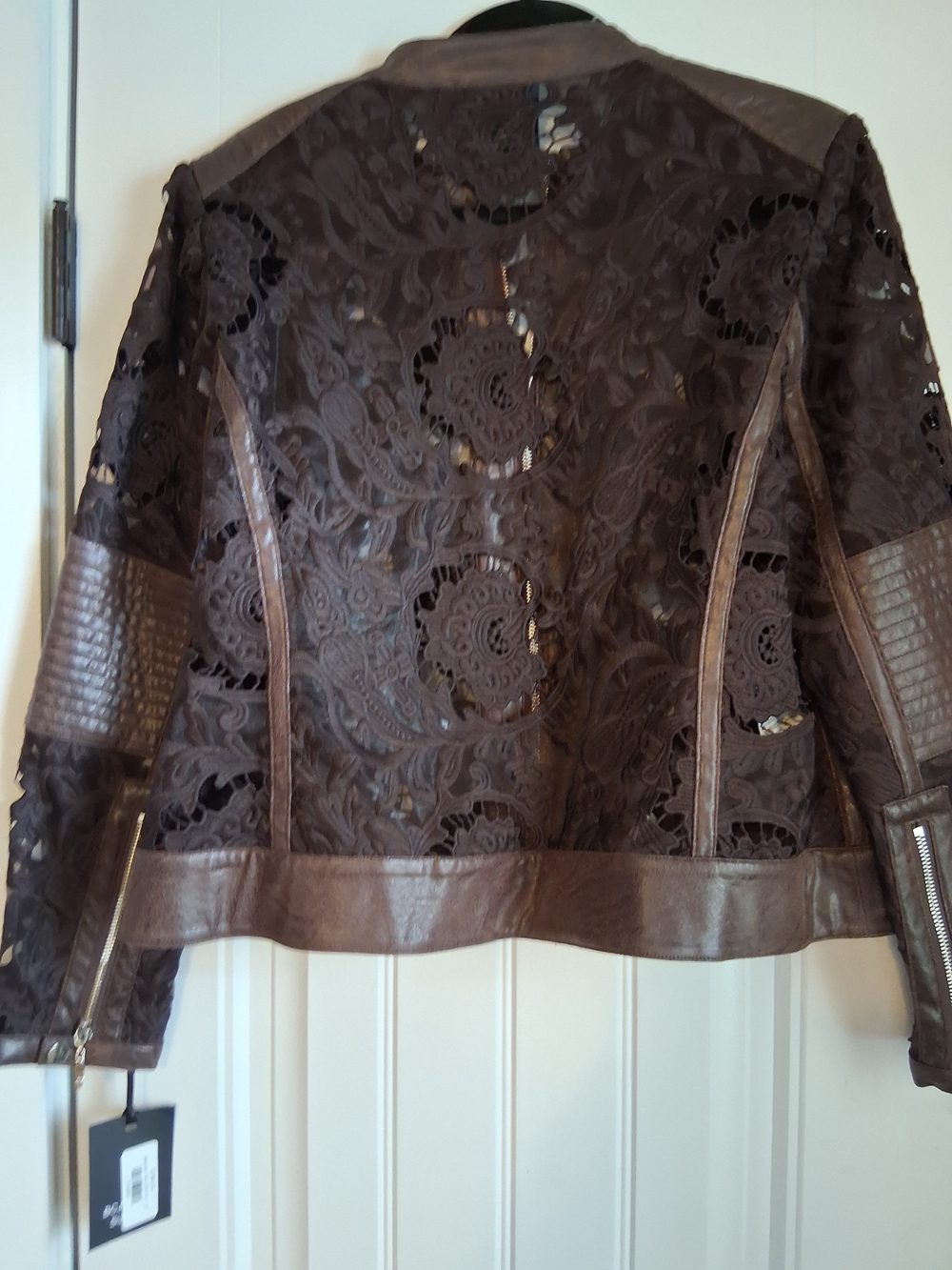 Azi Brown Lace & Leather Trim Women's Blazer Jacket